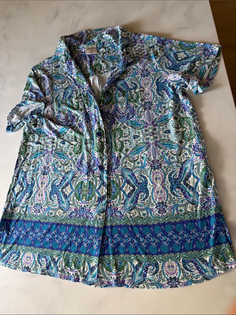 Soma xs PJ Womens Paisley Button-Front Top - Blue Green Purple